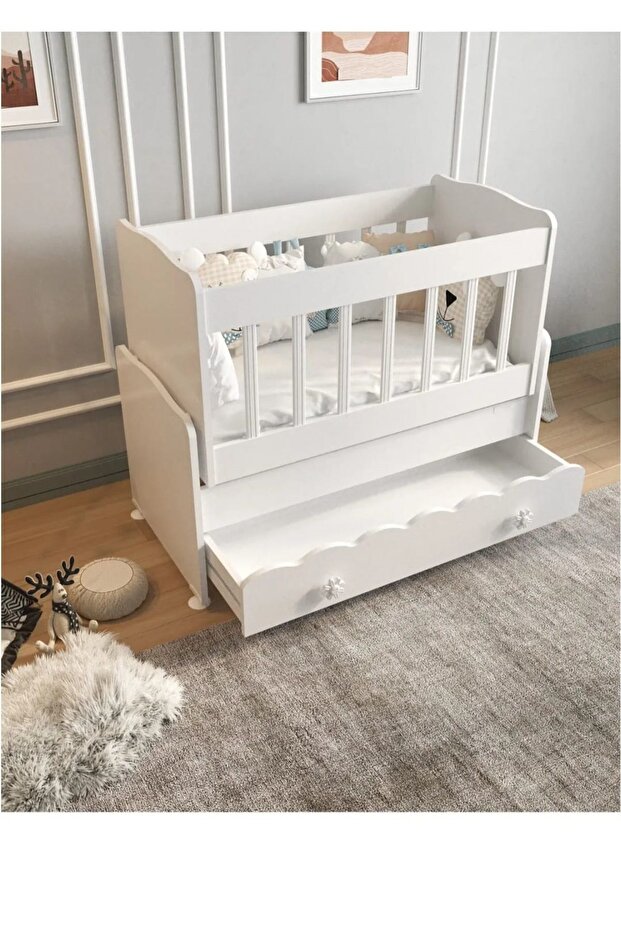 Beşik Çekmeceli Sallanır Anne Yanı Ahşap Bebek Beşiği Beyaz - 2