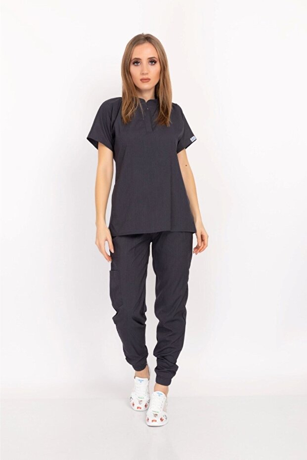 Anthracite Snap Button Stand Collar Soft Lycra Doctor, Nurse, Hospital, Duty Uniform Set