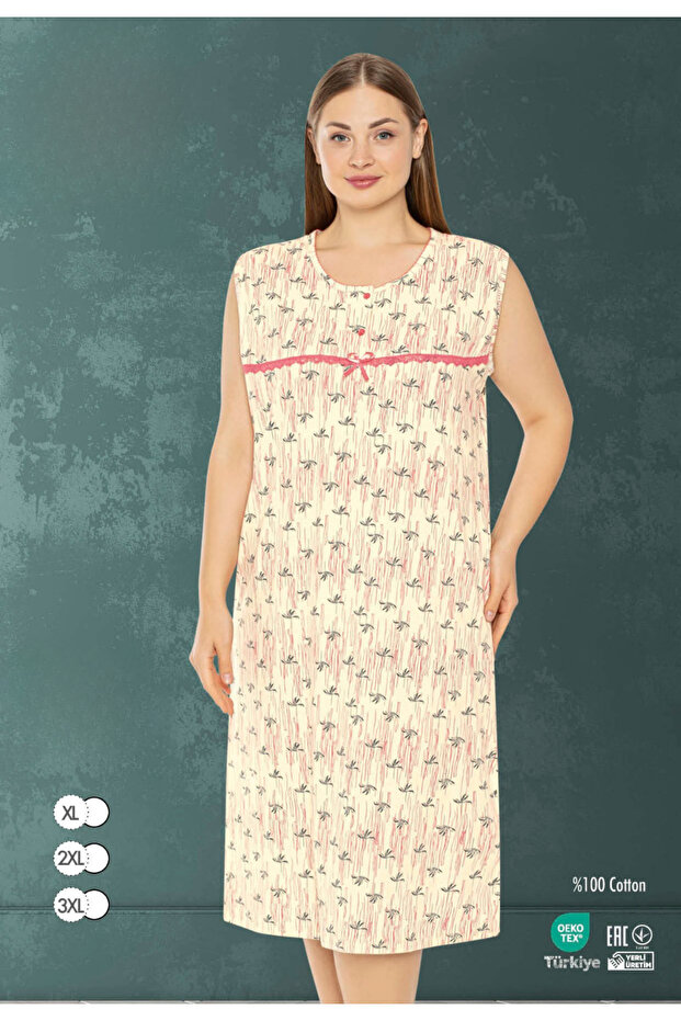 Women's Plus Size Patterned 100% Cotton Sleeveless Nightgown / Cream - Pink - - B 515