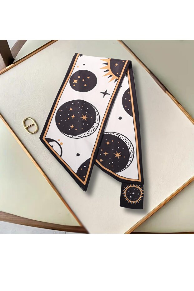 Stylish Women's Tie Scarf with Cosmic Sun & Planet Pattern