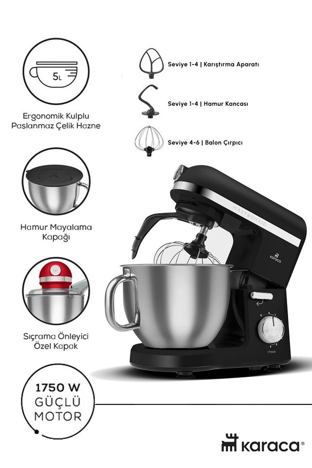 Mastermaid Chef Pro Çift Kollu Hamur Yoğurma Makinesi Matte Black Silver 1750 W 5l - 1