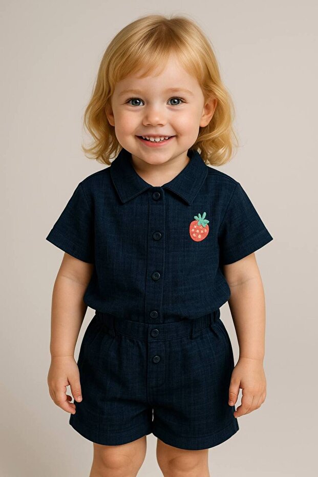 Girl's Navy Blue Strawberry Embroidered Top Short Sleeve Shirt Bottom Short Set