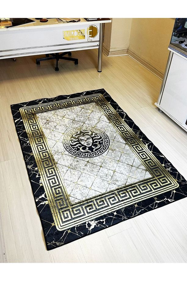 Medusa Motif Gold Çizgisel Motif Süngerli , Kalın Yüzey Makinede Yıkanabilir Halı - DERİ TABAN - 6