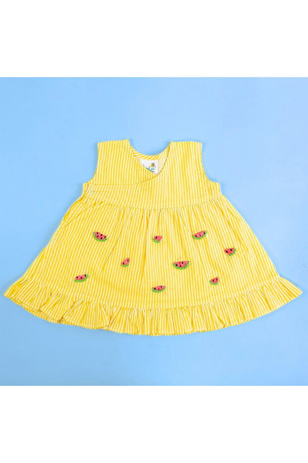 Organic Cotton Watermelon Embroidered Yellow Striped Girls Dress