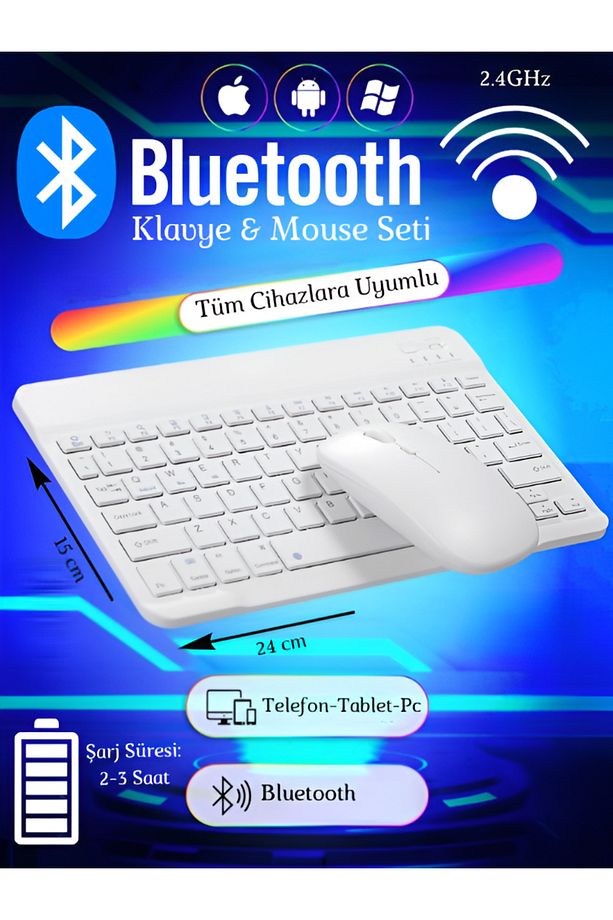 Bluetooth Akıllı Klavye ve Mause Seti Taşınabilir Şarj Edilebilir Kablosuz Tüm Cihazlara Uyumlu - 1