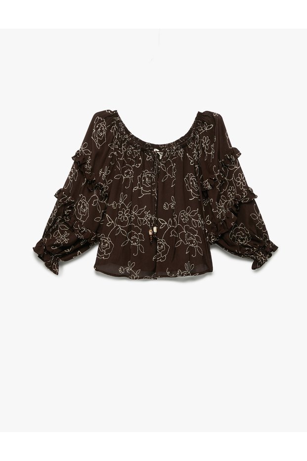 Viscose Krinkle Fabric Ruffled 3/4 Balloon Sleeve Floral Embroidered Round Neck Blouse