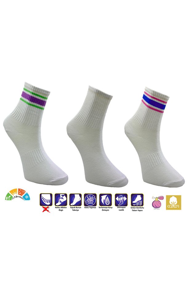 3 in One Plain White Pink Blue Green Purple Circle Women's Tennis Sports Socks