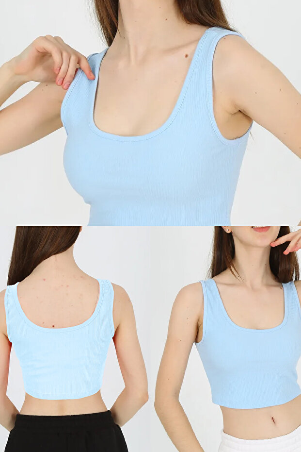 Mavi Basic Örme Kaşkorse Çift Omuz Kadın Crop Atlet - 8