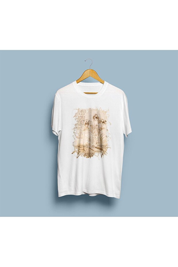 Leonardo Da Vinci Patterned Oversize Unisex T-shirt - Flower and Diagram Drawing