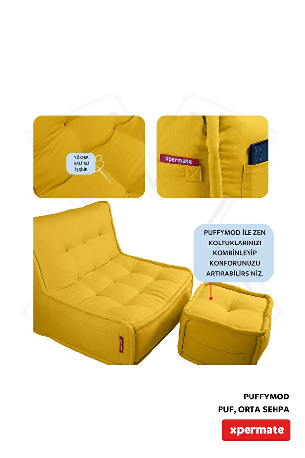 Dekoratif Kare Puf Orta Sehpa Ayak Uzatma Puf 40x40 Cm Sarı Puffymod - 5