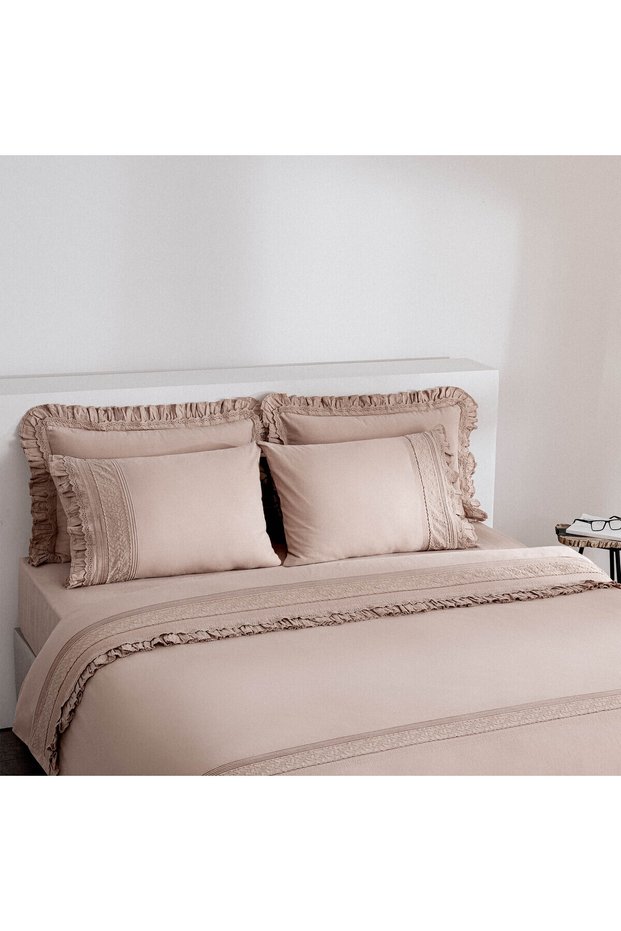 Adelya Double Duvet Cover Set 100% Organic Cotton Linen Brodeled Powder 200X220 cm