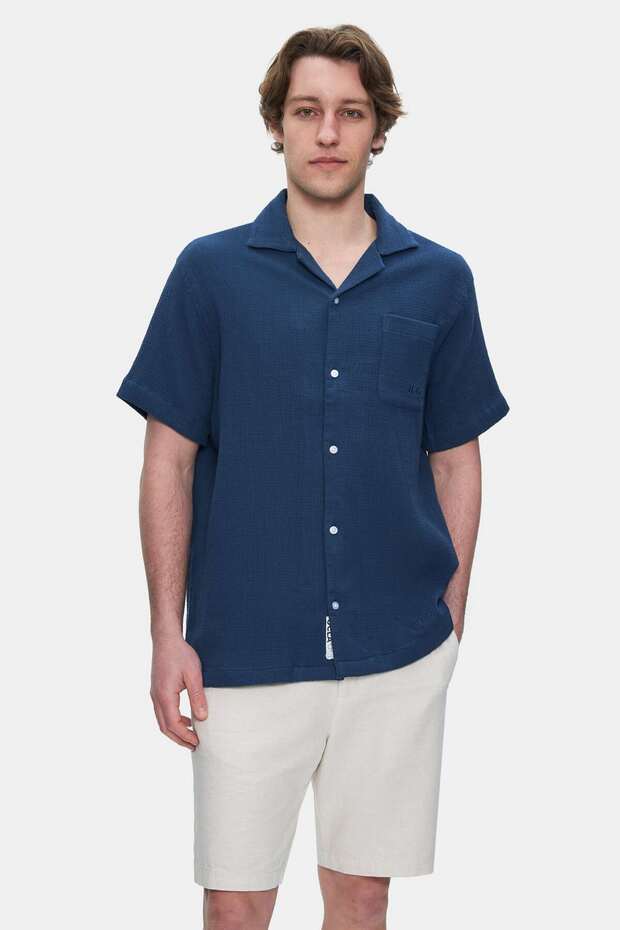 Dismas Navy Blue Muslin Embroidered Standard Fit Men's Shirt