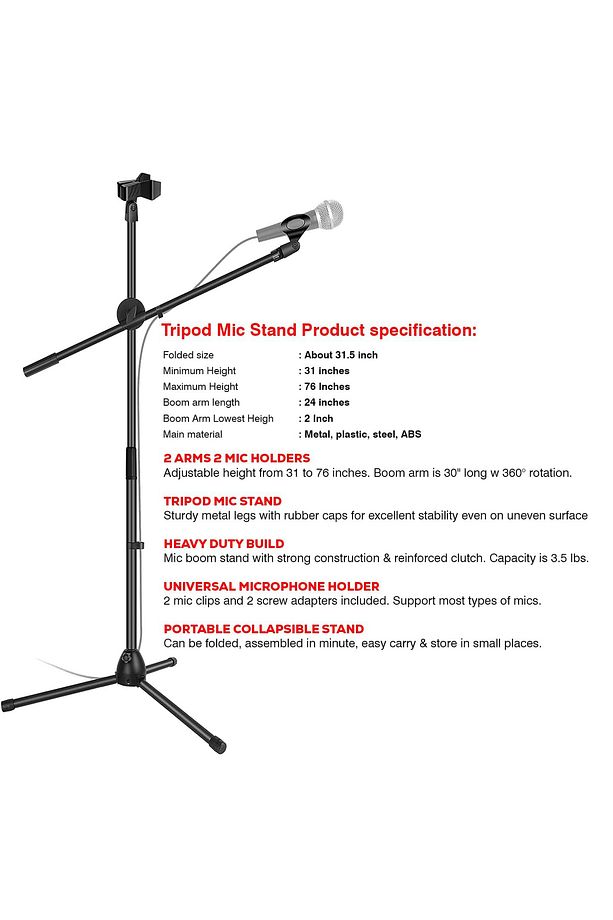 2in1 Mikrofon Stant Katlanabilir Açısı Ayarlanabilir 180cm Maksimum Uzunluk Model 103 - 5