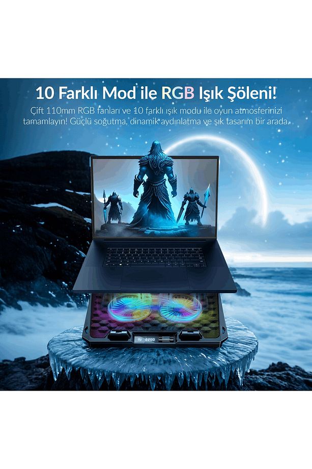 Odin Rgb Işıklı Gaming 2200rpm Çift Fan Led Display Laptop Notebook Soğutucu Stand - 6