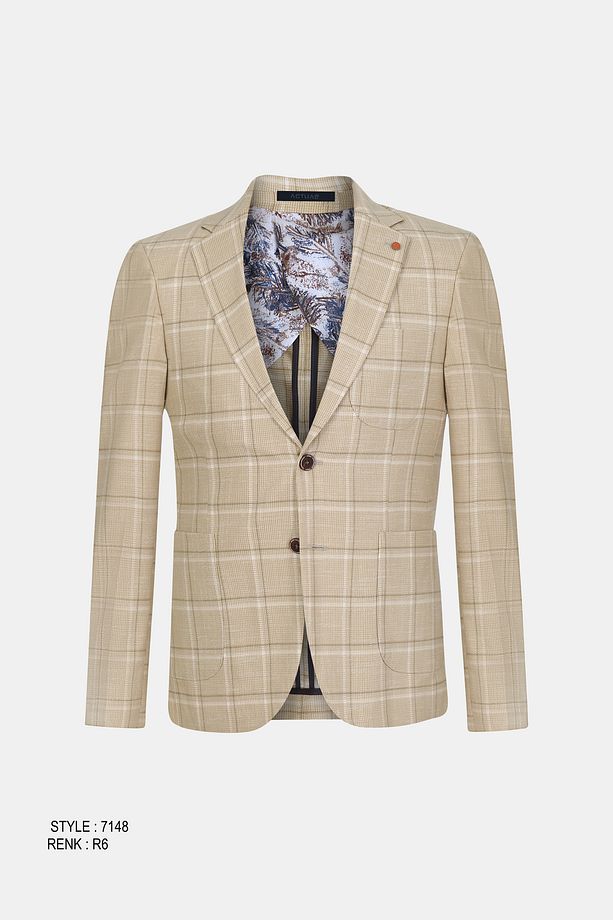 Blazer Slim Fit Blazer Tek Ceket 7148-1 R6 Bej - 7