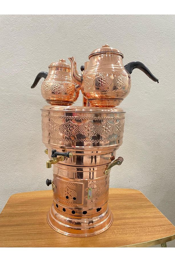 Bakır 10 Lt Semaver (9 litre su 2.5 lt Dem) (ÇİFT DEMLİKLİ-MANGAL -KAZAN AYRILABİLİR) - 2