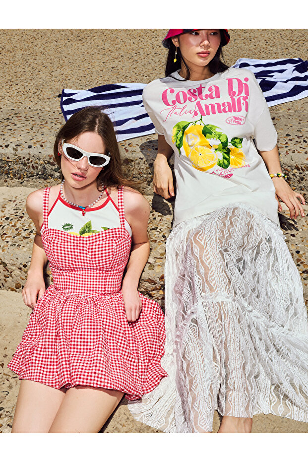 Cotton Crew Neck Short Sleeve Lemon Printed Oversize T-Shirt