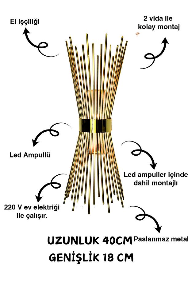Kirpi Gold Duvar Aplik, Led Ampullü Duvar Aplik, Tekli Duvar Lambası, Aplik 1 Adet - 6
