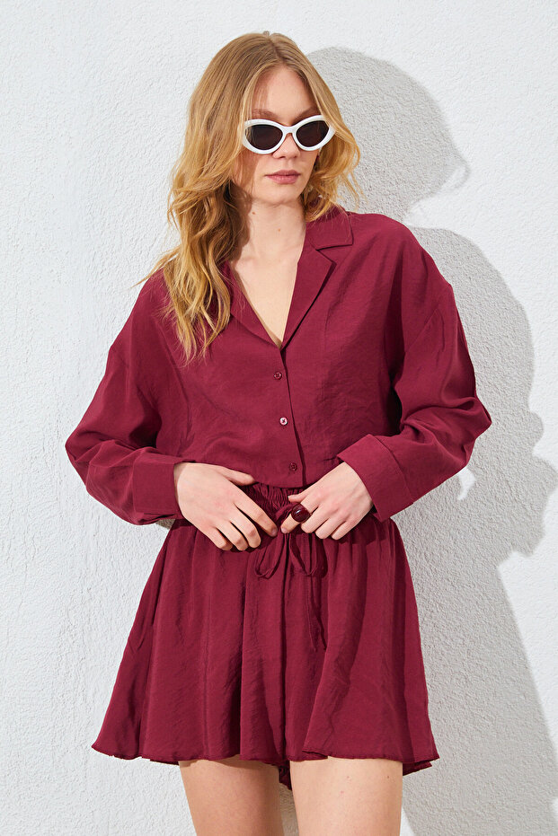Modal Fabric Made, Crop Cut Shirt. - Burgundy | Mks161445-01 