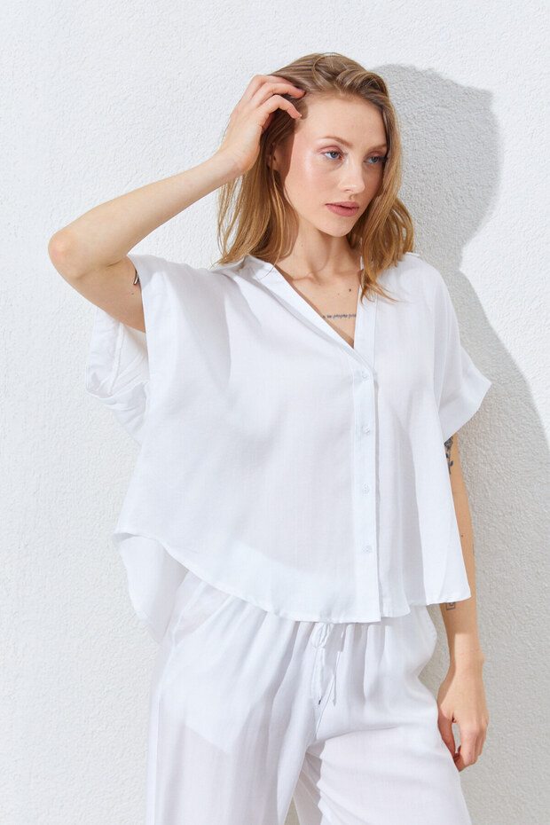 Women's Short Sleeve Shirt - Ecru | Mkes169943 - One