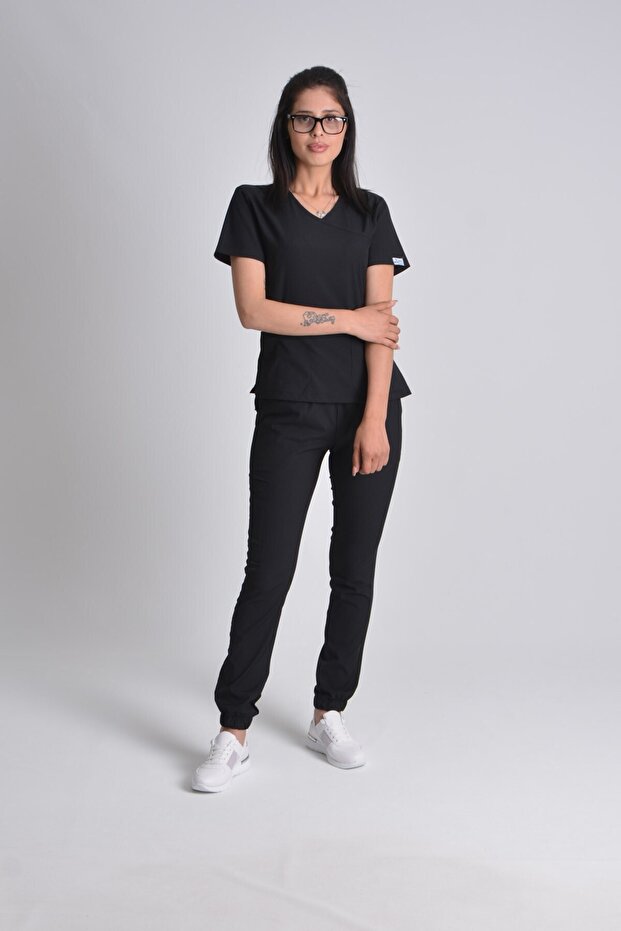 Black Lycra Jogger Top and Bottom Set Doctor Nurse Scrubs Uniforms