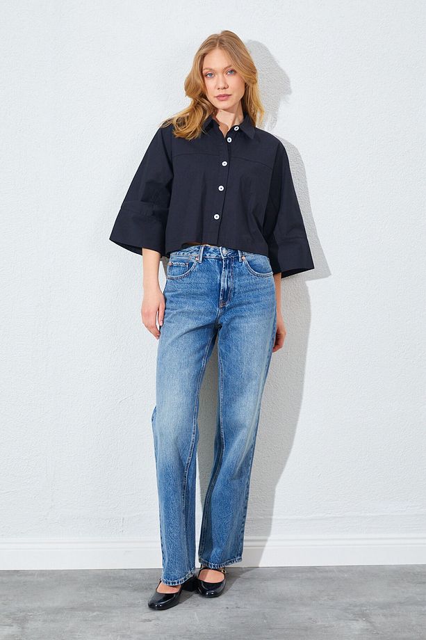 Düşük Kol Çimalı Crop Poplin Gömlek - Siyah | MKS161451-01 - 3
