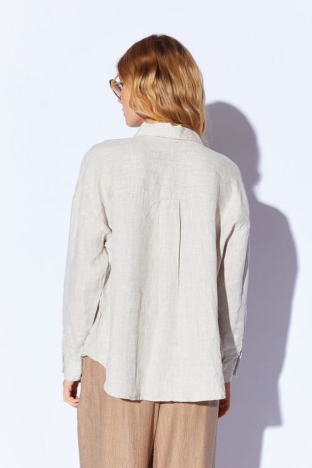 Naturel  %100 Saf  Keten Yıkamalı Lüx Tek Cep Oversize Kadın Gömlek  | MKS169571-01 - 5