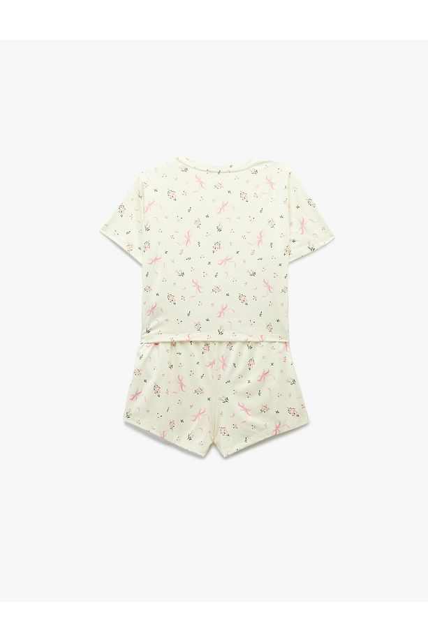 Kısa Kollu Bisiklet Yaka Çiçekli Şortlu Pijama Takımı - 5
