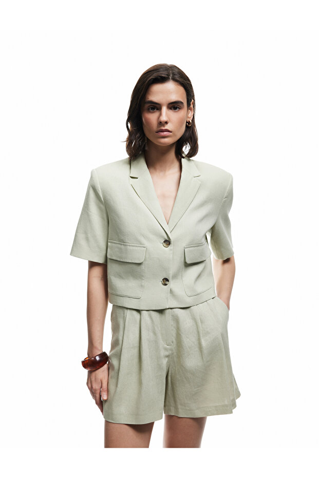 Buttoned Short Sleeve Lined Linen Crop Blazer Jacket with Pockets
