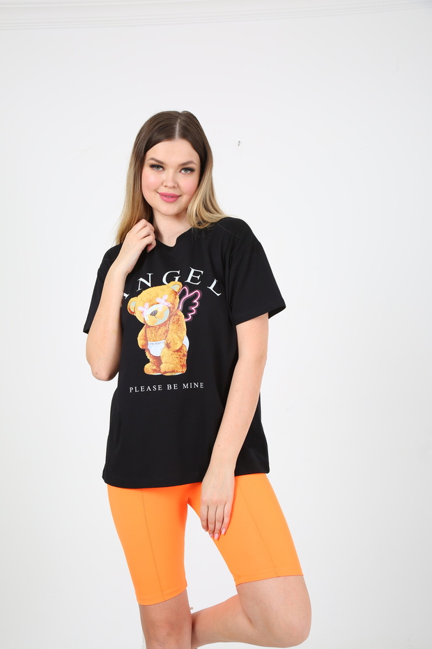 Kadın Teddy Baskılı Siyah Oversize Tshirt - 1
