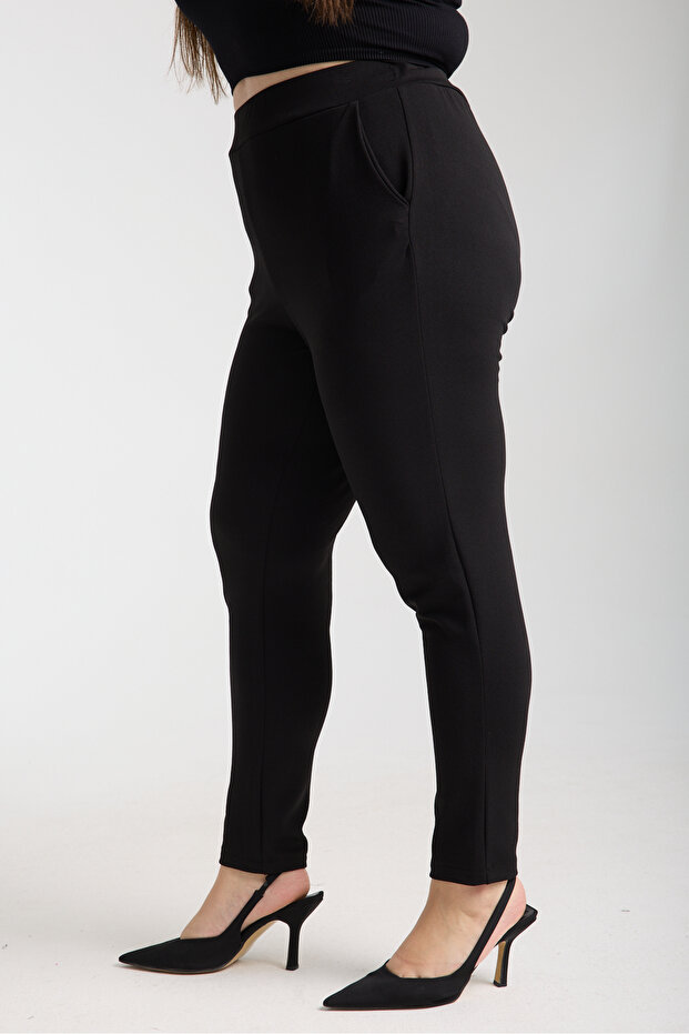 Narrow Leg Fabric Trousers with Pockets and Elastic Waist G119-1