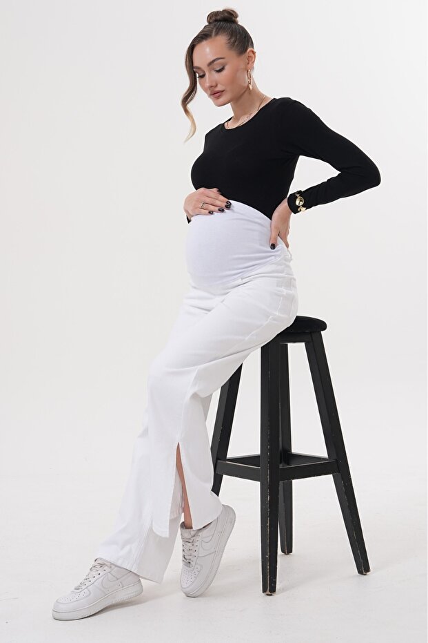 Maternity Stretchy Tummy Band Waist Adjustable Pipe Leg Slit Jeans Pants White