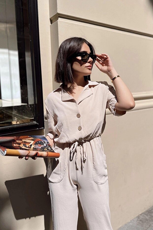 Women's Beige Jacket Collar Elastic Waist Jumpsuit - 700-2622