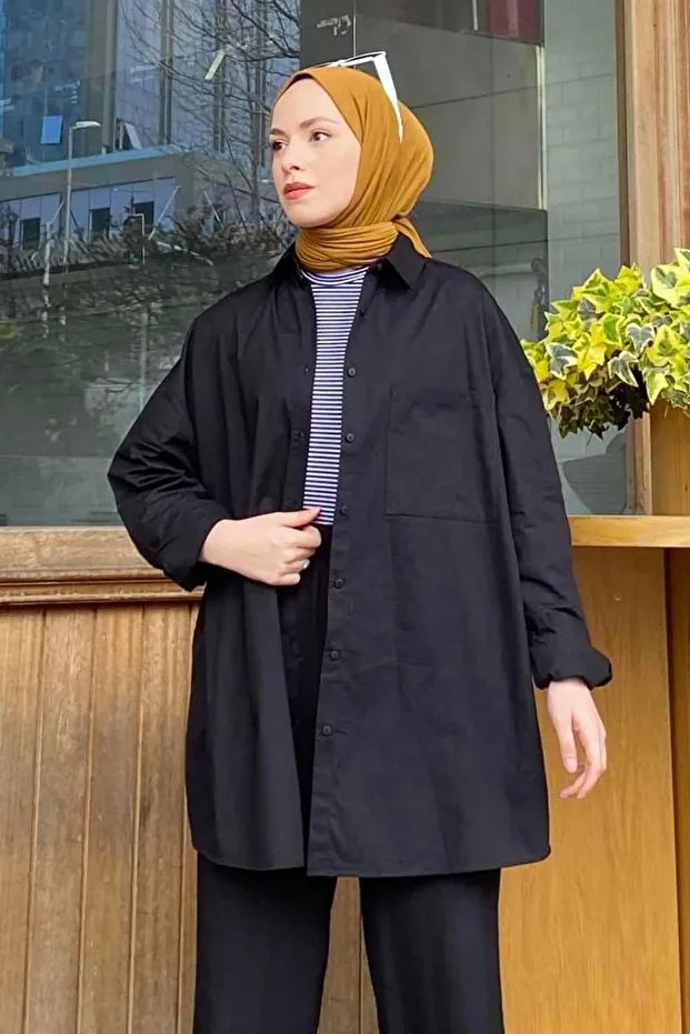 Tek Cep Detaylı Oversize Gömlek Siyah - 2