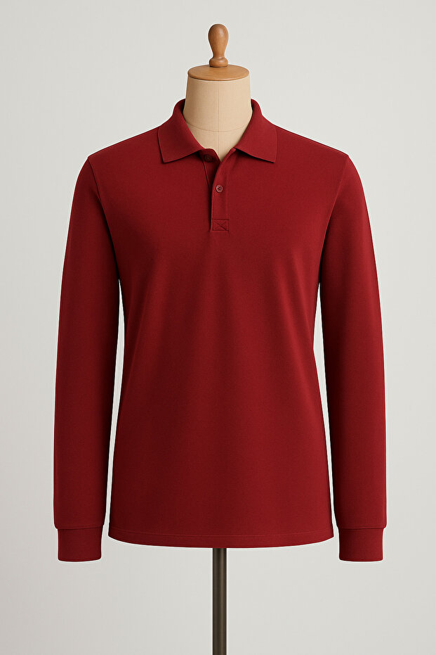 Unisex Polo Neck Long Sleeve Claret Red T-shirt