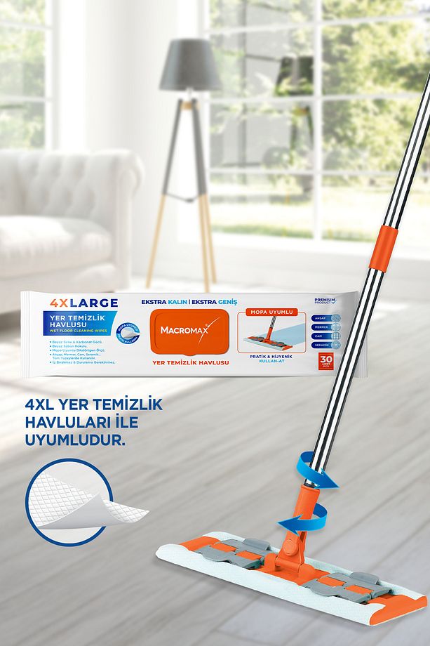 Famous+ Düz Mop Yer Temizlik Sistemi, Islak ve Kuru Kullanım, 360 Döner Başlıklı Pratik Paspas - 4