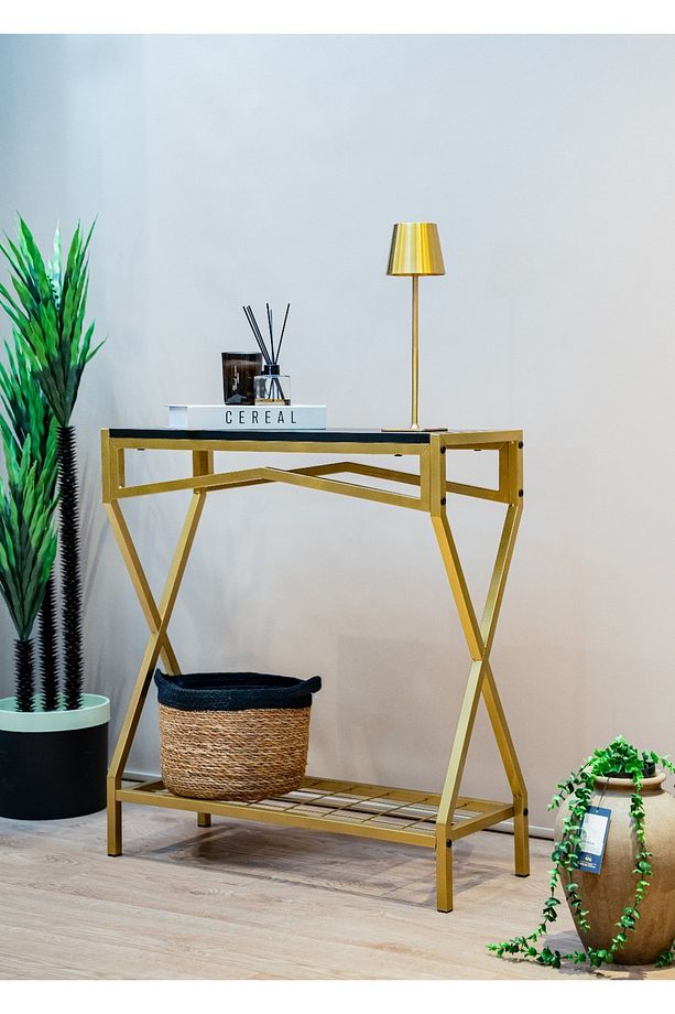 Gold Dresuar Ahşap Raflı Metal Dekoratif Stand Çok Amaçlı Salon ve Hol Rafı - 5