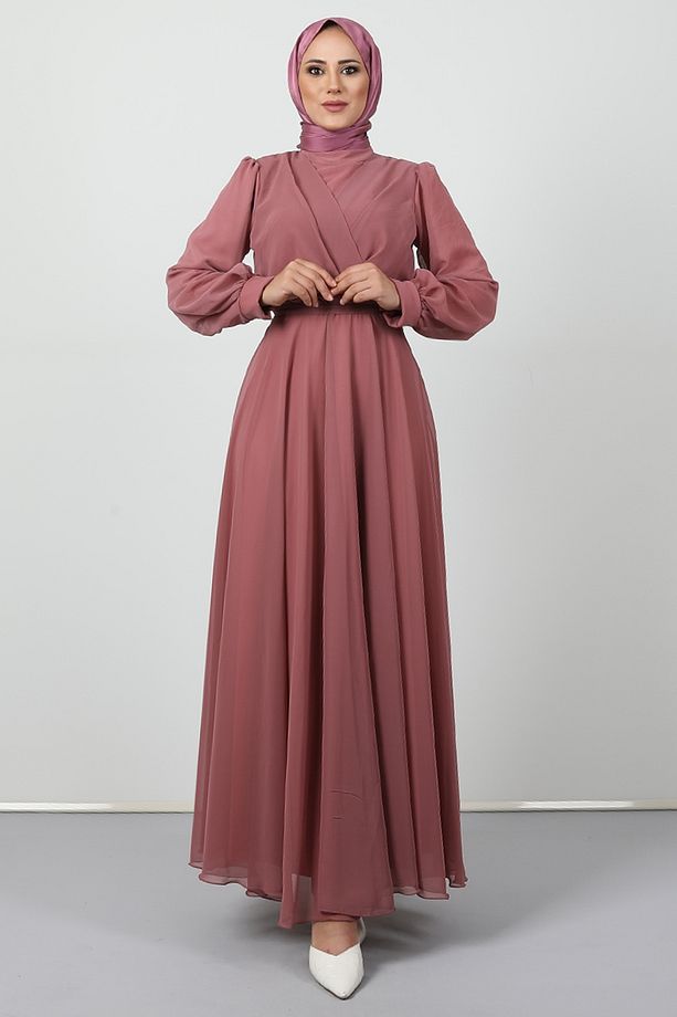 Önü Çapraz Şifon Elbise Pembe - 2