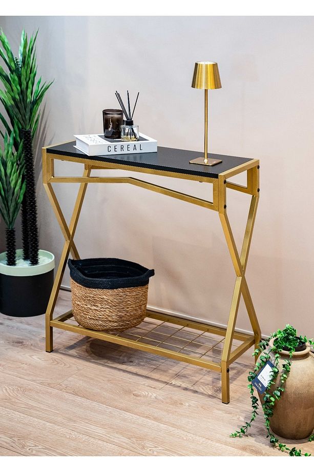 Gold Dresuar Ahşap Raflı Metal Dekoratif Stand Çok Amaçlı Salon ve Hol Rafı - 1