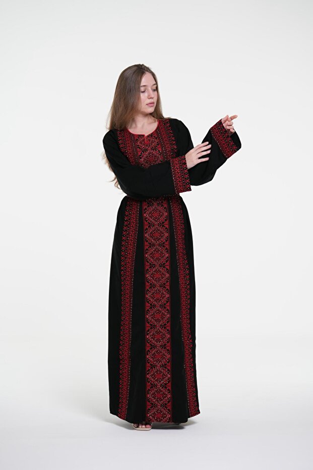 Ladies Printed Jalabiya - Full-Sleeve crepe Dress with belt