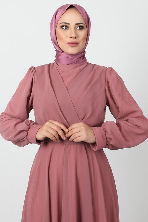 Önü Çapraz Şifon Elbise Pembe - 5