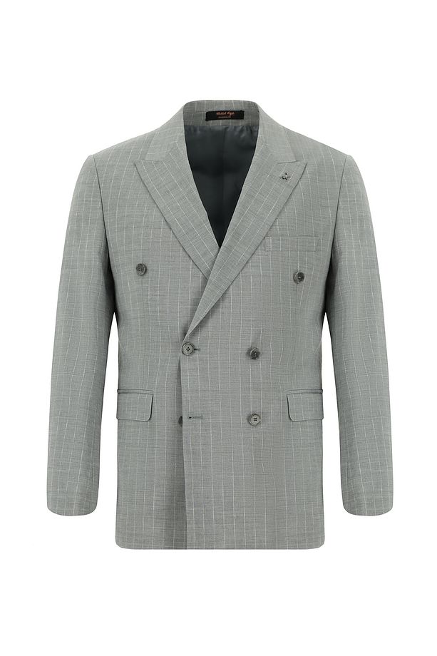 Slim Fit Dar Kesim Keten Çizgili Kruvaze Takım Elbise - 2