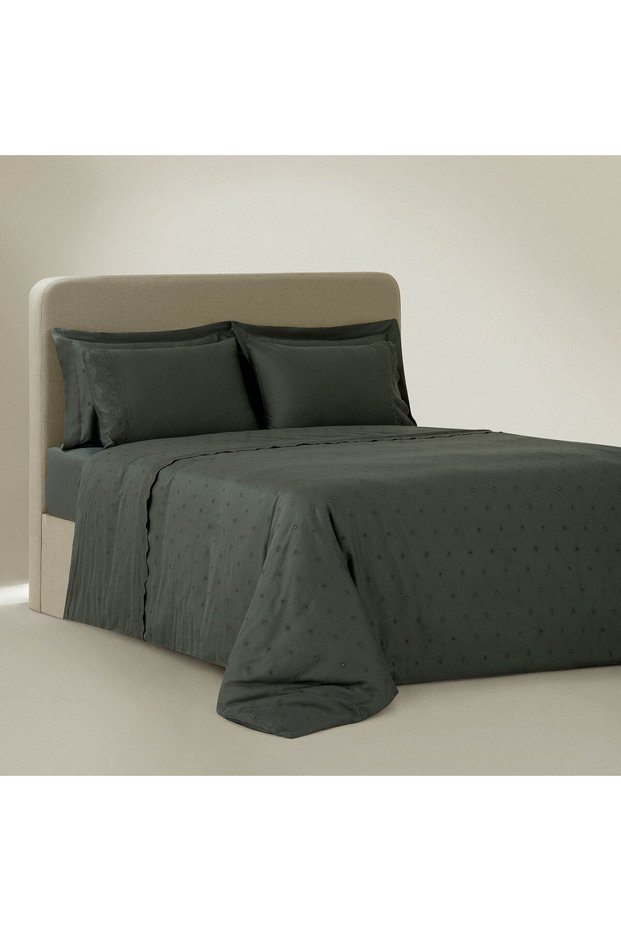 Ahter Double Duvet Cover Set 100% Organic Cotton Satin Embroidered Green 200x220 cm