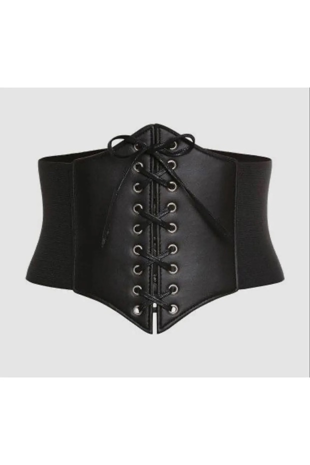 Women's Wide Flexible Elastic Corseted Faux Leather Black Belt with Lace and Eyelet Details 1482