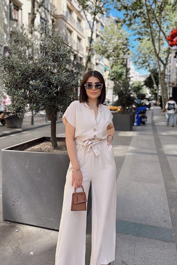Women's Stone Jacket Collar Wide Leg Linen Jumpsuit - 700-3405