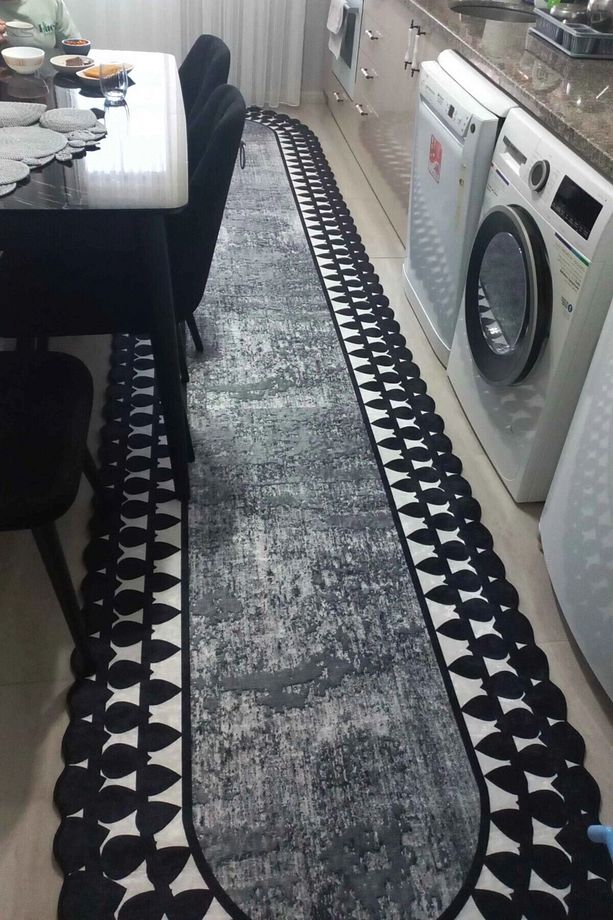 Lazer Kesim Siyah Gri Mutfak Halısı Makinede Yıkanabilir Kaymaz Taban Mutfak Halısı - 3