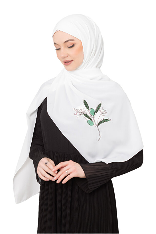 Polyster White Color Shawl Palestinian Olive Branch Colorful Embroidered S 100030