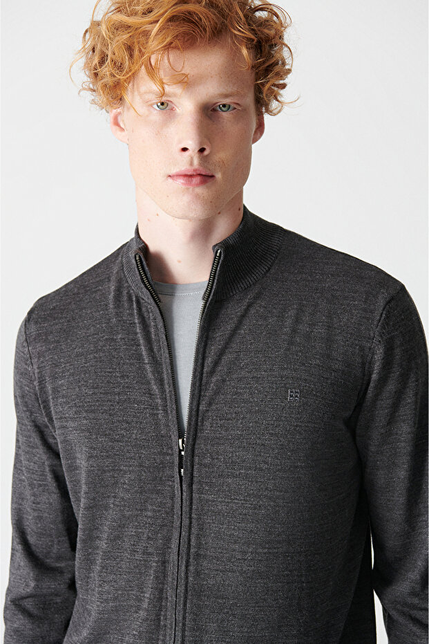 Erkek Antrasit Dik Yaka Fermuarlı Basic Hırka E005004 - 2