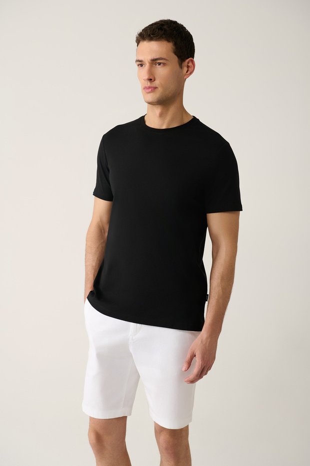 Erkek Siyah %100 Pamuk Nefes Alan Bisiklet Yaka T-shirt E001000 - 3