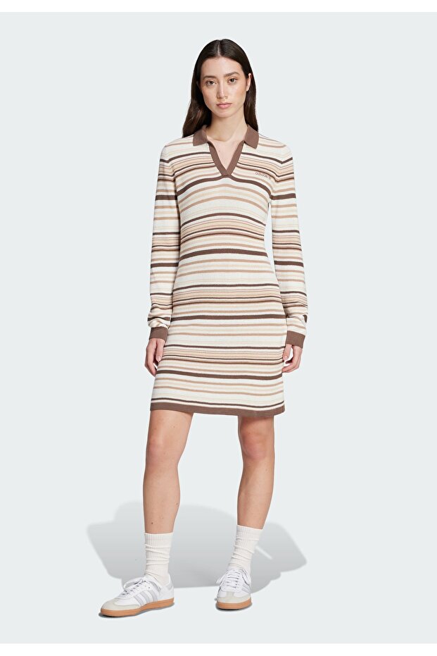 Striped Knitted Polo Elbise - 8
